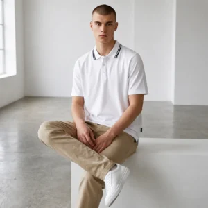 Camiseta Tipo Polo Blanca Doble Raya Negra
