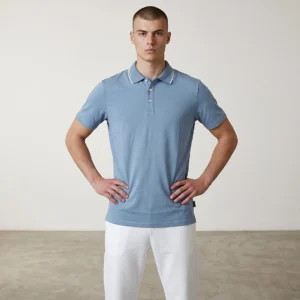 Camiseta Tipo Polo Celeste Dos Rayas Blancas
